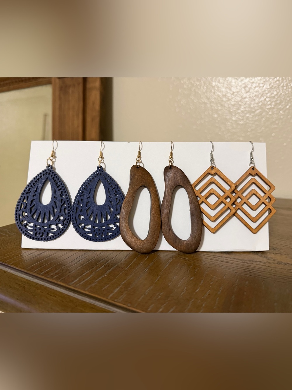 Wood Teardrop Openwork Earrings - Brown